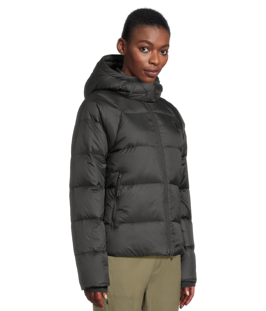 Women’s hooded down puffer jacket in dark gray/black, side front view with zipper.