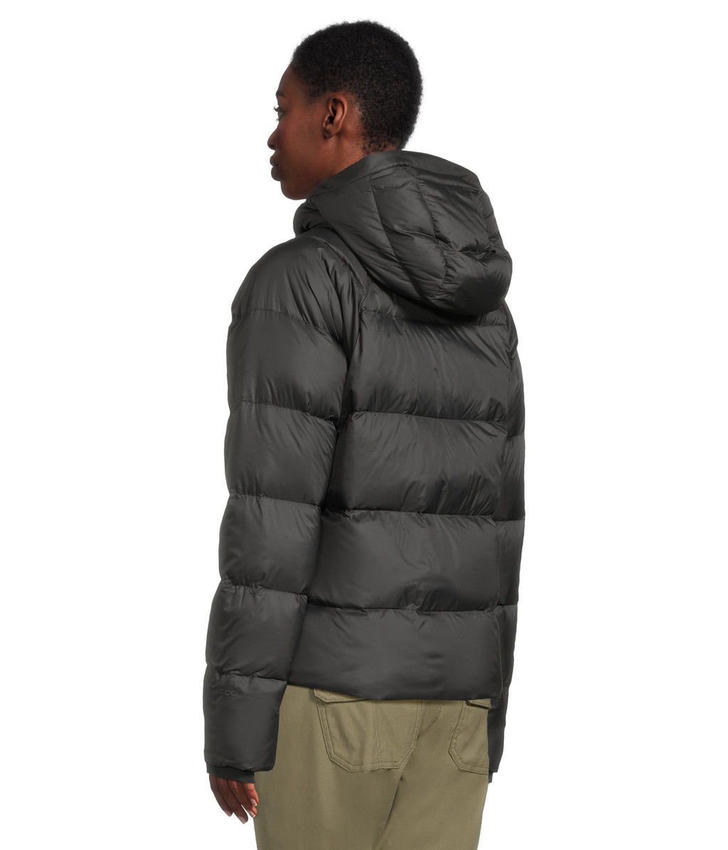 Women’s hooded down puffer jacket in dark gray/black, back view with hood.