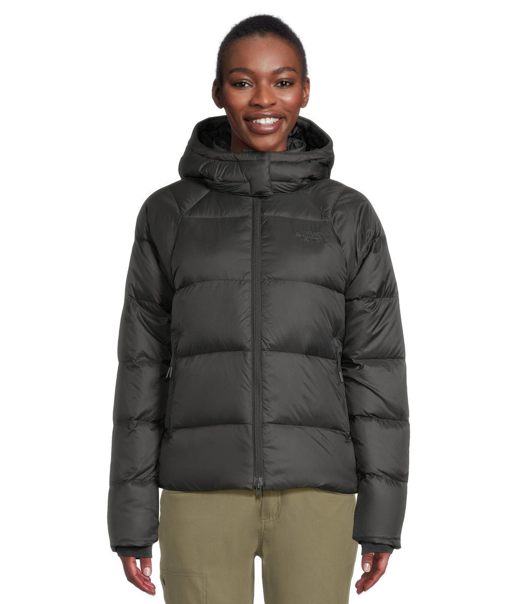 Women’s hooded down puffer jacket in dark gray/black with front zipper.