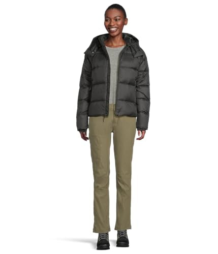 Women’s hooded down puffer jacket in dark gray/black, full outfit view with zipper.