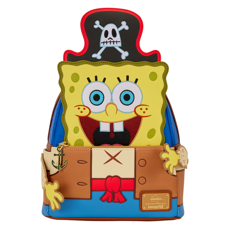 Pirate-themed mini backpack with cartoon skull patch and Spongebob front panel