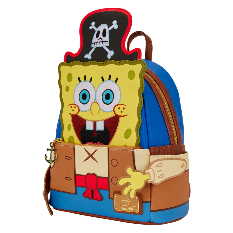 Pirate mini backpack in blue and brown with front graphic and side zipper pocket
