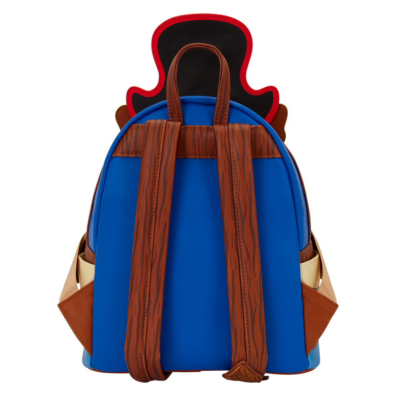 Pirate mini backpack back view with brown carry handle and blue fabric panel
