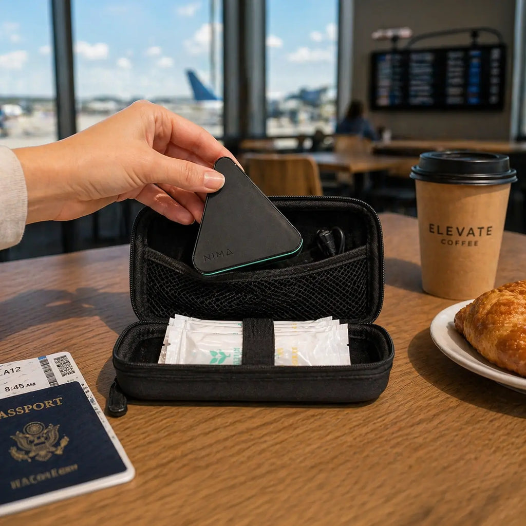 Black travel case with mesh pocket holding a small device, open for storage