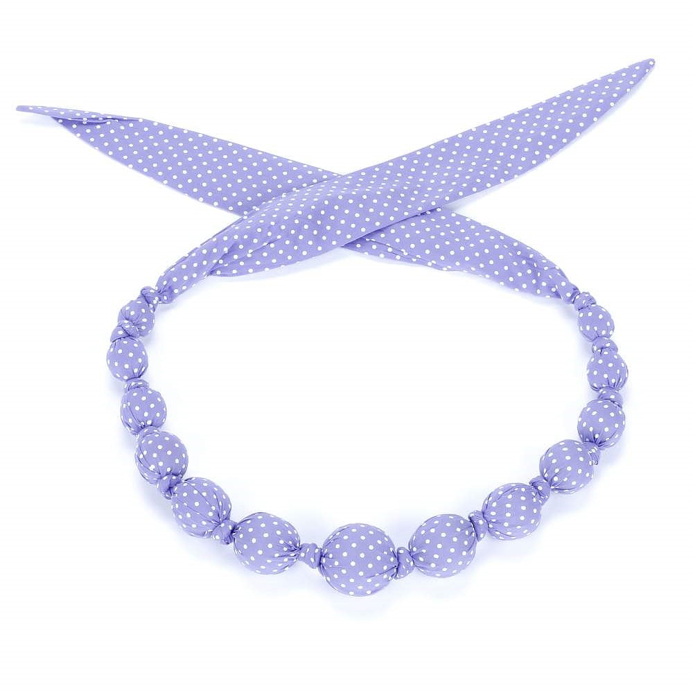 Purple polka-dot fabric beaded necklace with ribbon cross and round beads