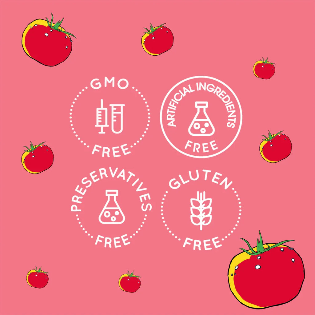 Spicy ketchup dietary icons graphic with GMO-free and gluten-free badges