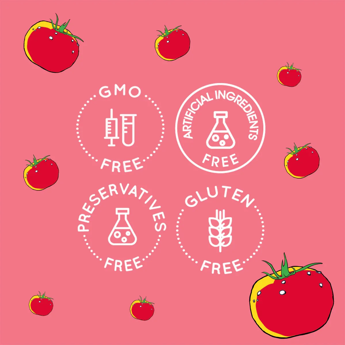 Spicy ketchup dietary icons graphic with GMO-free and gluten-free badges