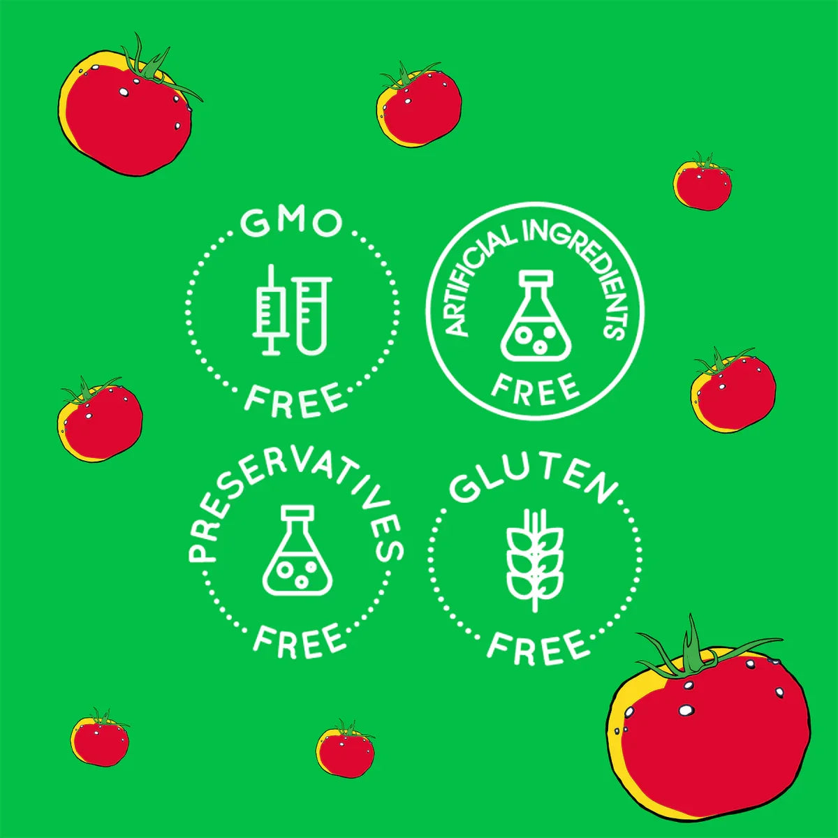 Tomato ketchup ingredient-free icons: GMO-free, artificial ingredients-free, gluten-free