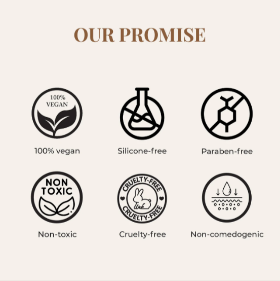 Skincare promise icons: vegan, silicone-free, paraben-free, non-toxic, cruelty-free