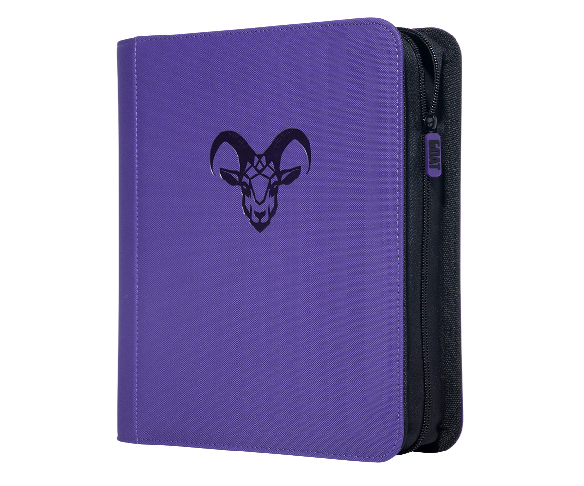 Four-pocket toploader binder in purple with front emblem and zipper side