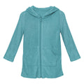 Glacier blue terry zip-front robe with hood, 3/4 sleeves, and front pockets