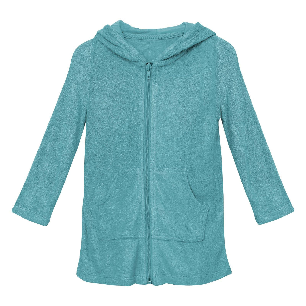Glacier blue terry zip-front robe with hood, 3/4 sleeves, and front pockets
