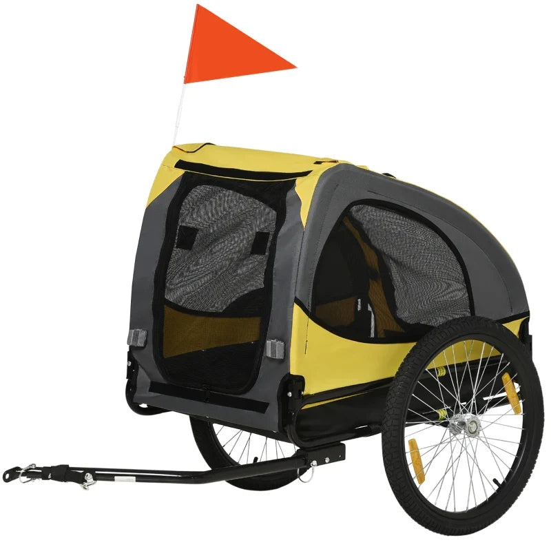 Yellow dog bike trailer pet stroller with mesh doors and orange safety flag