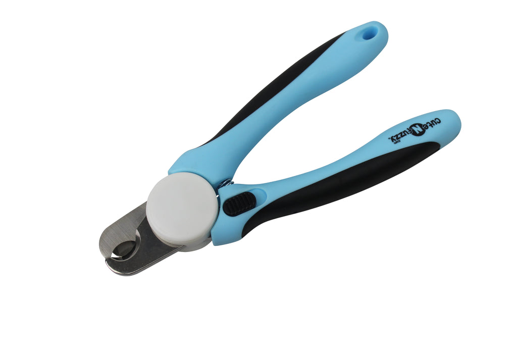 Blue pet nail clipper with built-in white nail file and curved stainless blades