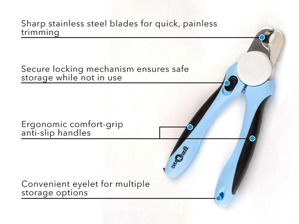 Blue pet nail clipper with white handle button and curved cutting head