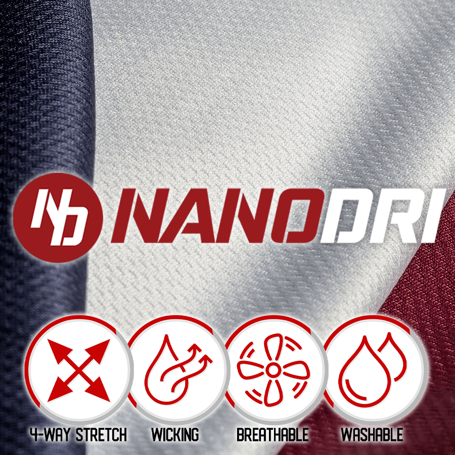 Performance fabric graphic: NanoDri logo with icons for 4-way stretch, wicking, breathable