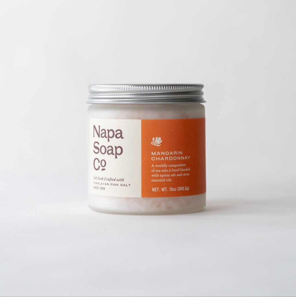 Bath salt soak jar, front label with Napa Soap Co and Mandarin Chardonnay