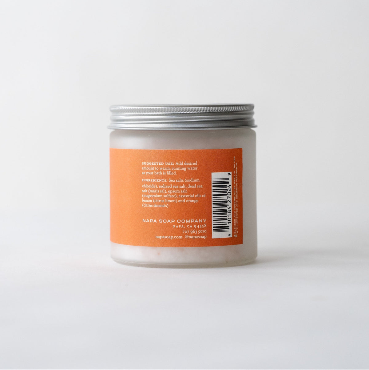 Bath salt soak jar, back label text with orange panel