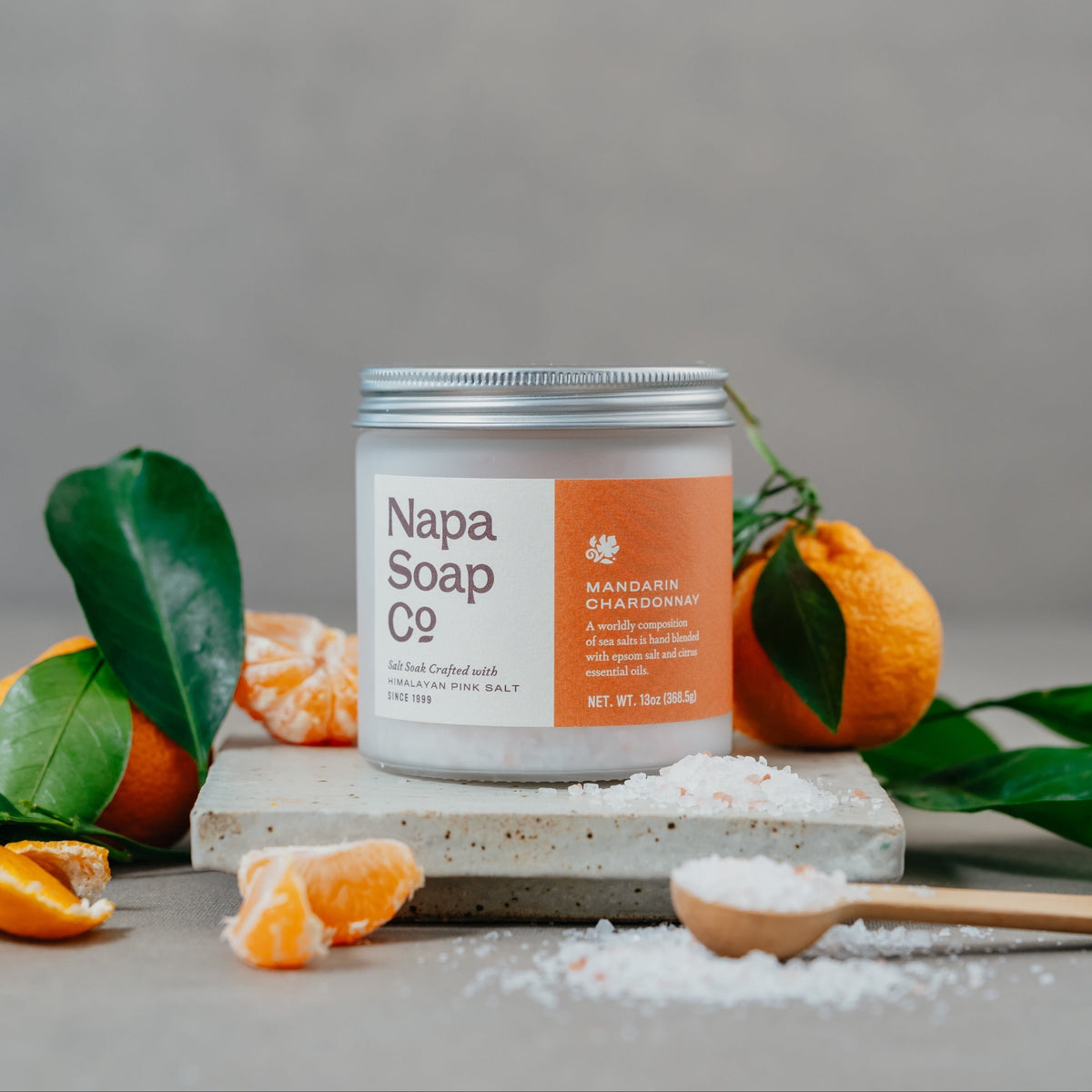 Bath salt soak jar with orange Mandarin Chardonnay label and white lid