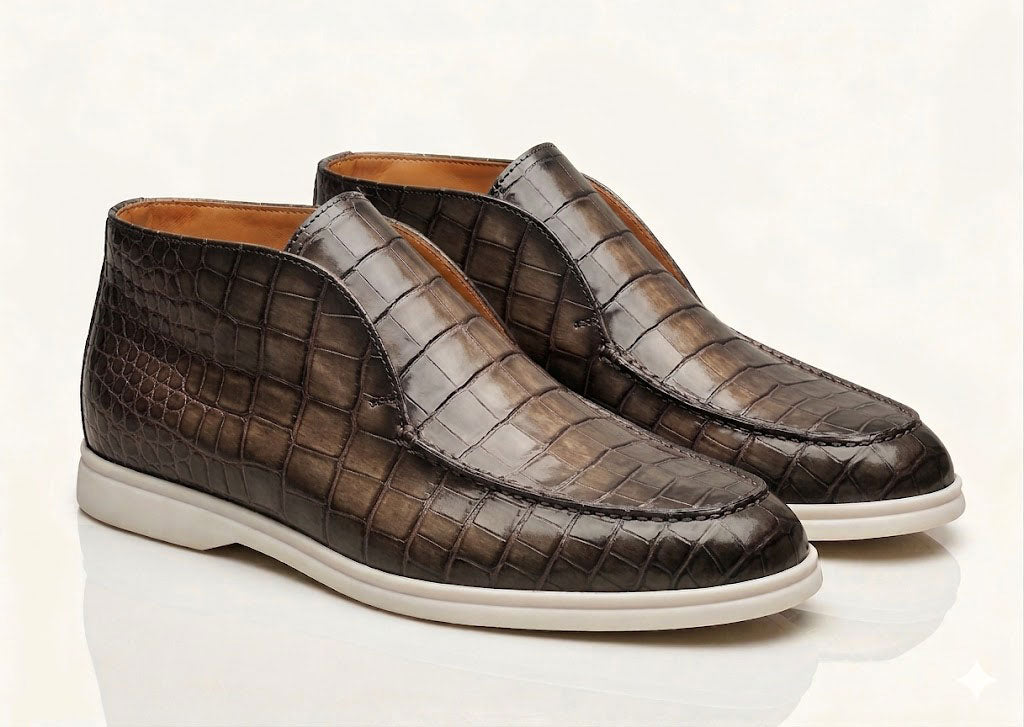 Brown alligator-embossed loafers with moc toe and low white rubber sole, pair view