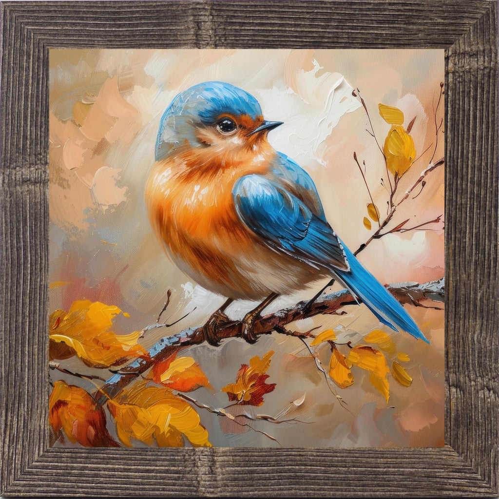 Framed bluebird oil-style wall art with autumn leaves and branch, dark gray textured frame