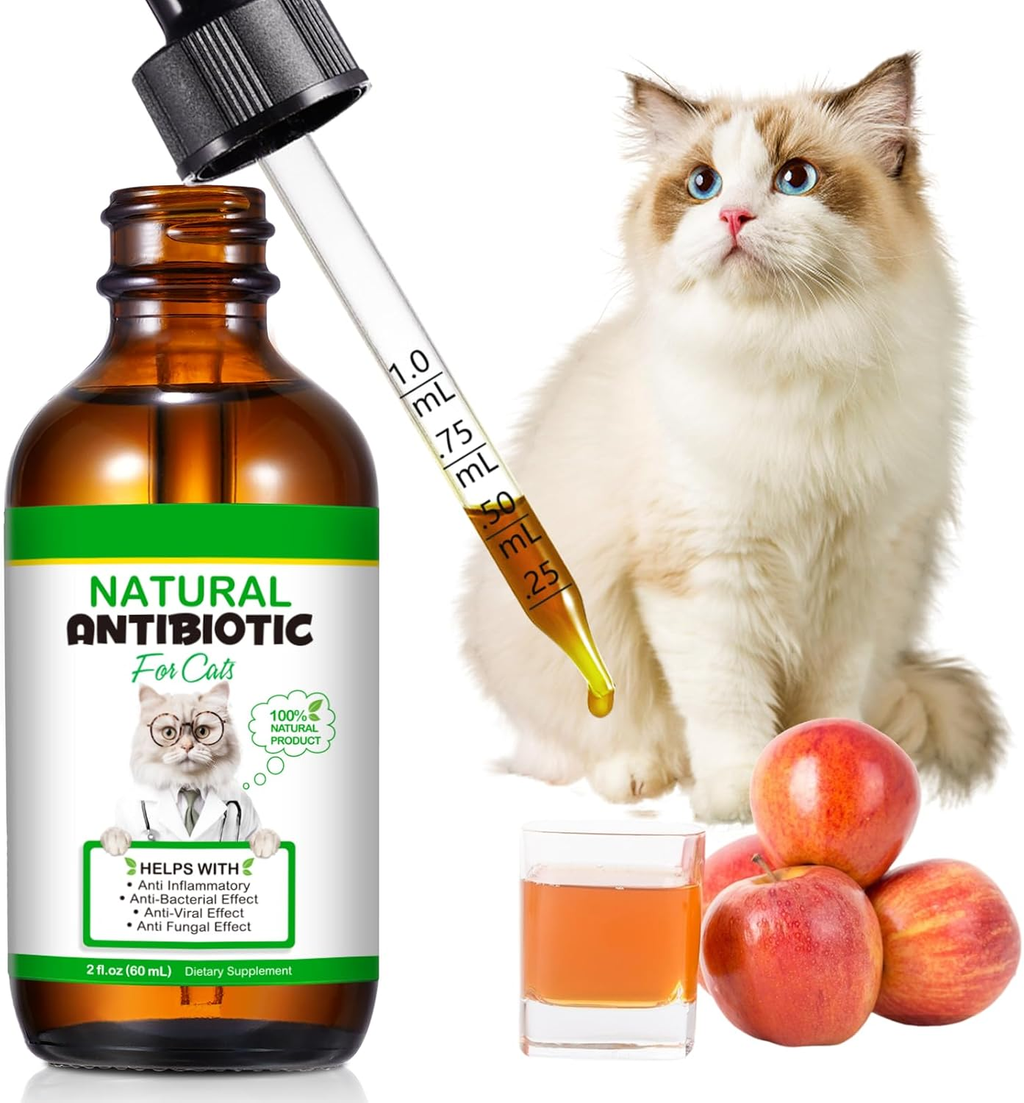 Amber dropper bottle of natural cat antibiotic liquid with graduated pipette