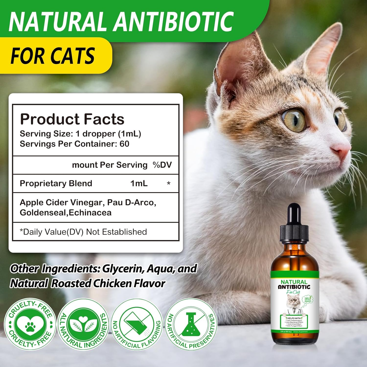 Cat liquid supplement bottle with dropper beside a cat and product facts panel
