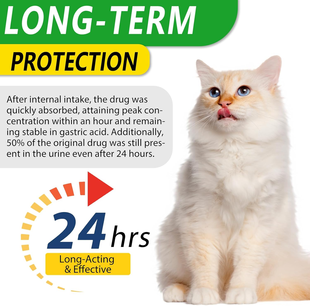 White cat beside a 24-hour long-term protection claim for the liquid supplement