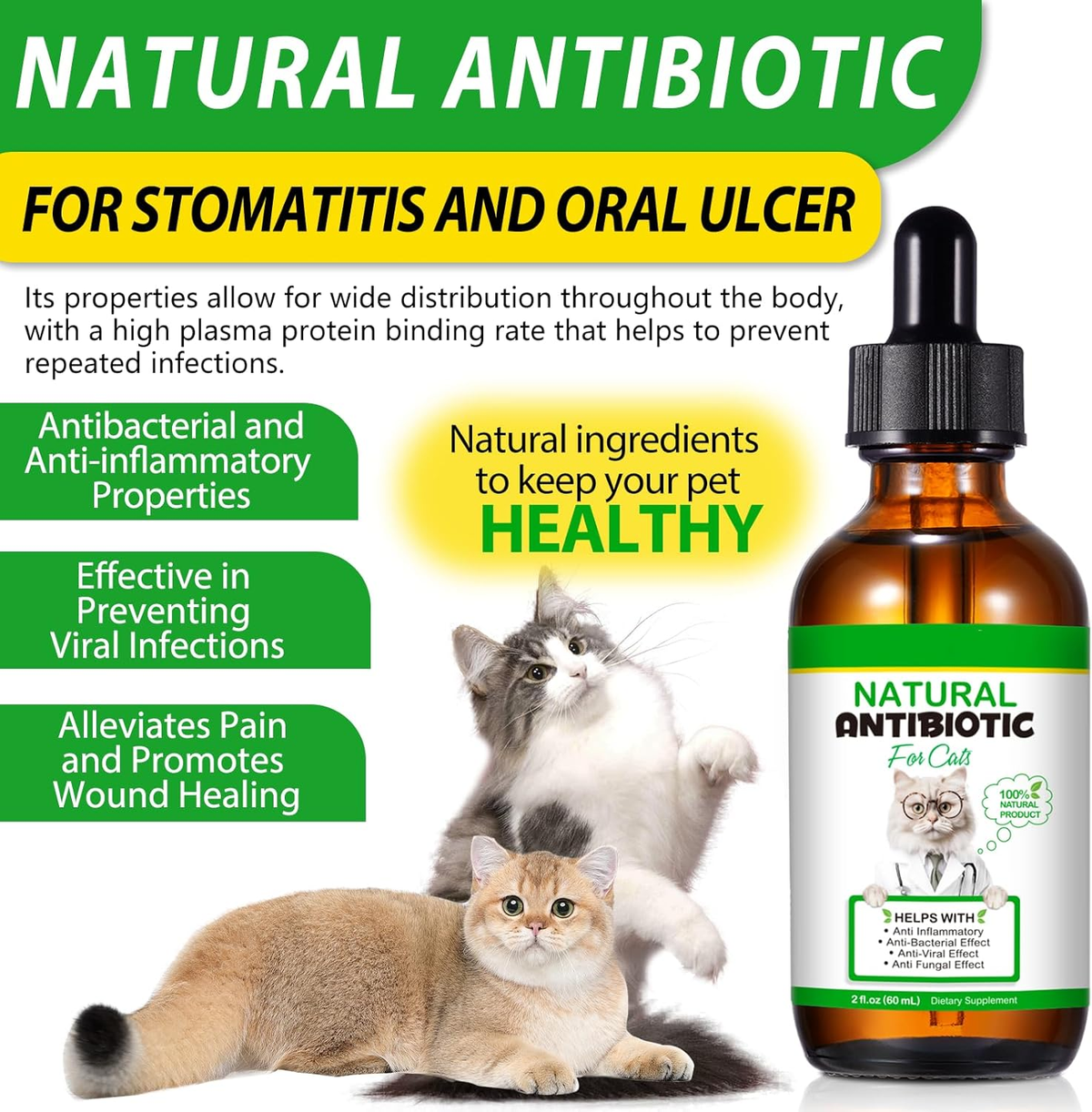 Amber dropper bottle of cat liquid supplement beside two cats and benefit claims