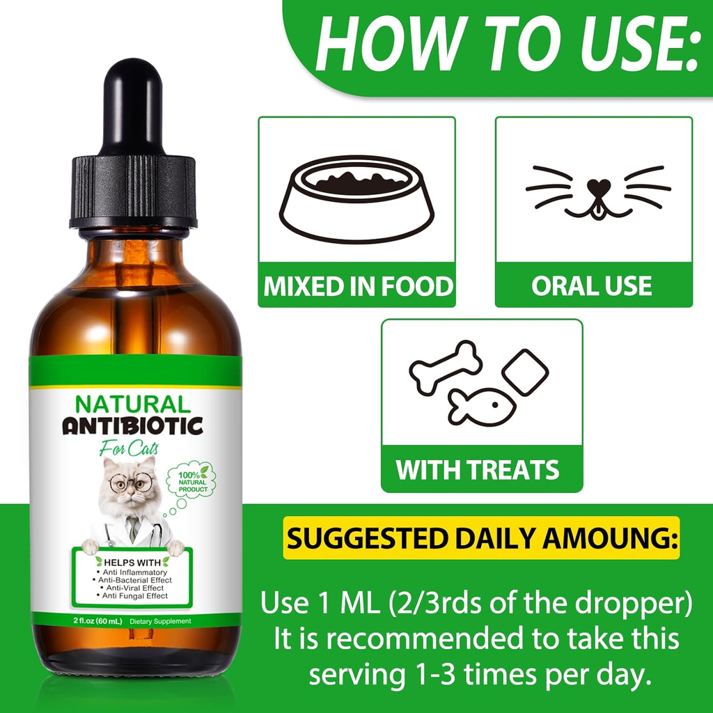 Amber dropper bottle with instructions for mixing the cat liquid into food, oral use, or treats