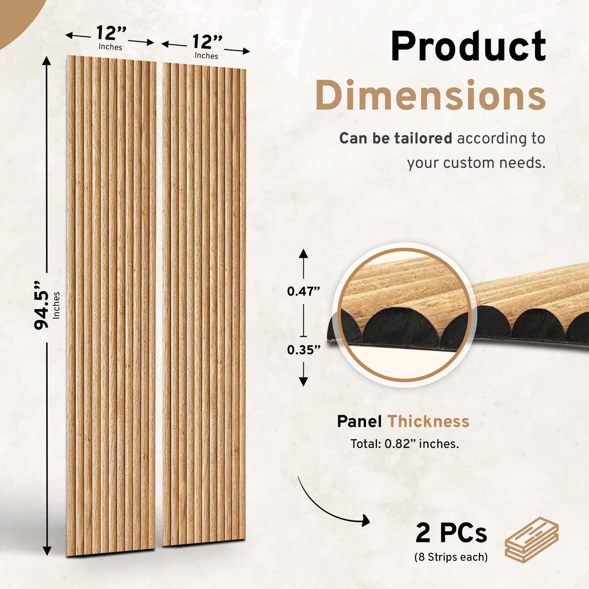 Natural fluted wall panel set shown with size and thickness diagram