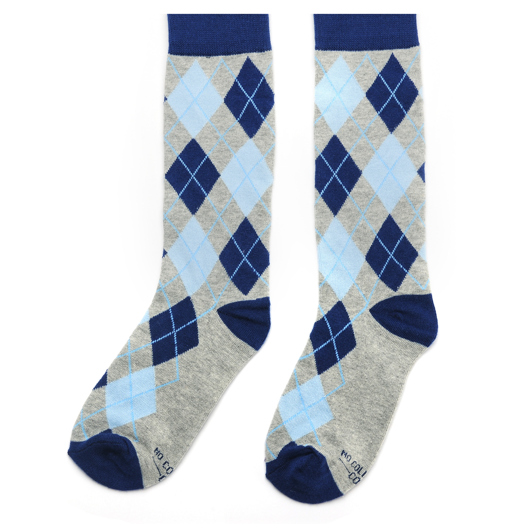 Crew socks with light blue argyle pattern and gray heels with navy accents (2 pairs)