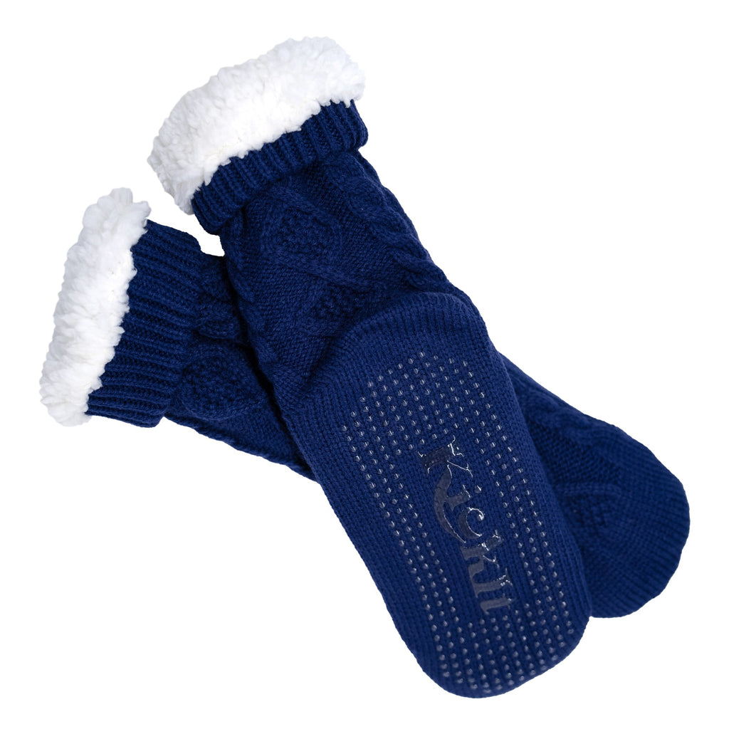 Navy slipper socks with sherpa fuzzy cuffs and textured knit sole