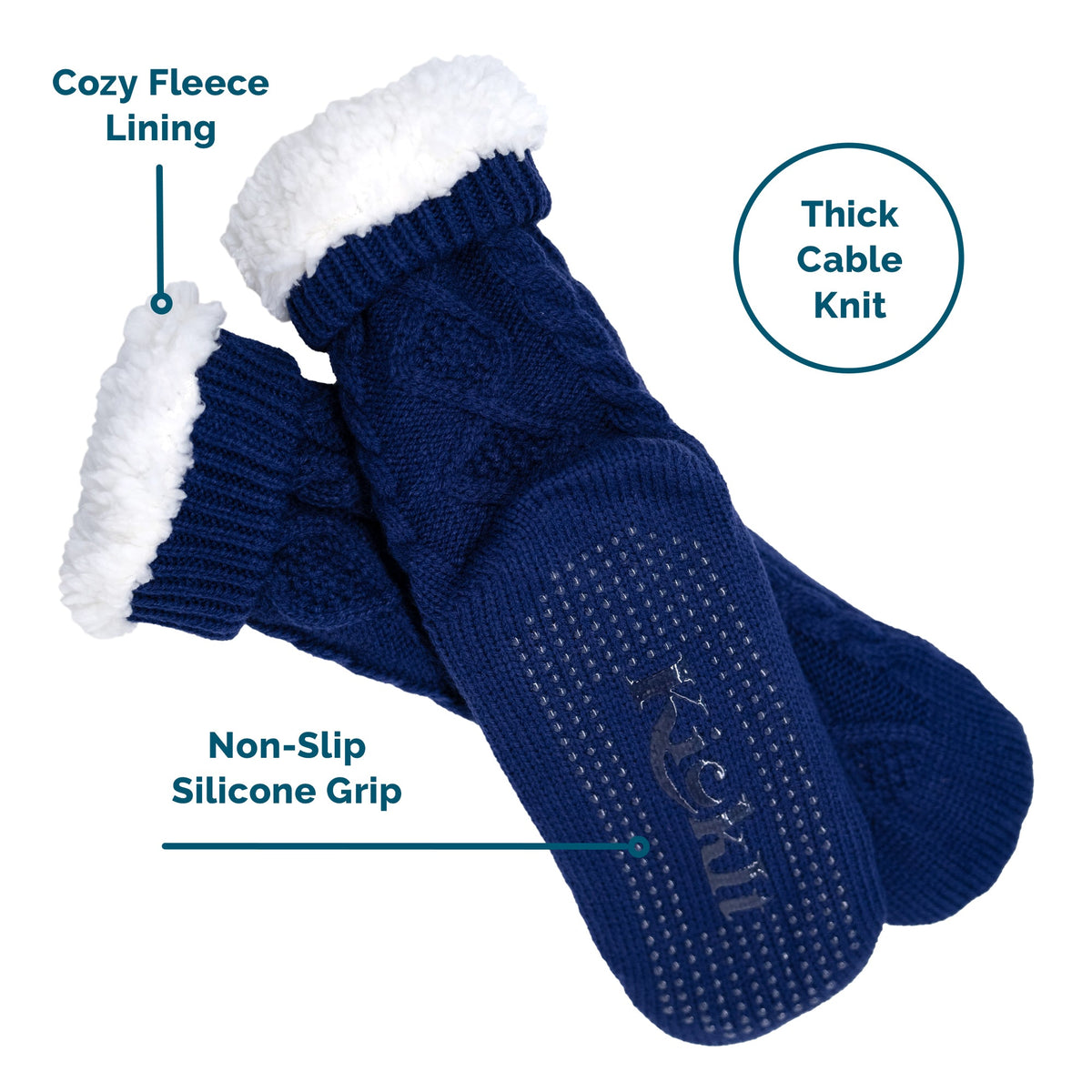 Navy slipper socks with fuzzy lining and thick cable-knit body
