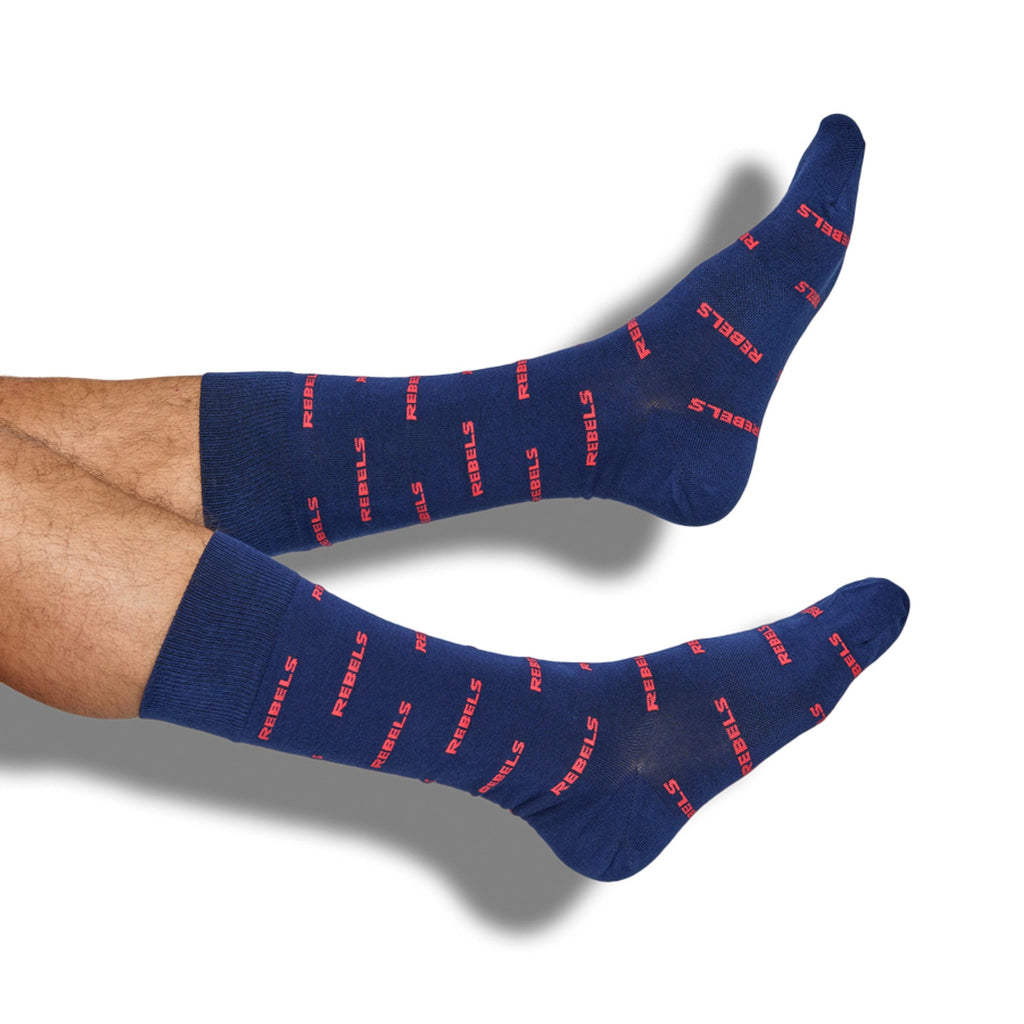 Navy crew socks with repeating red text pattern and ribbed cuffs.