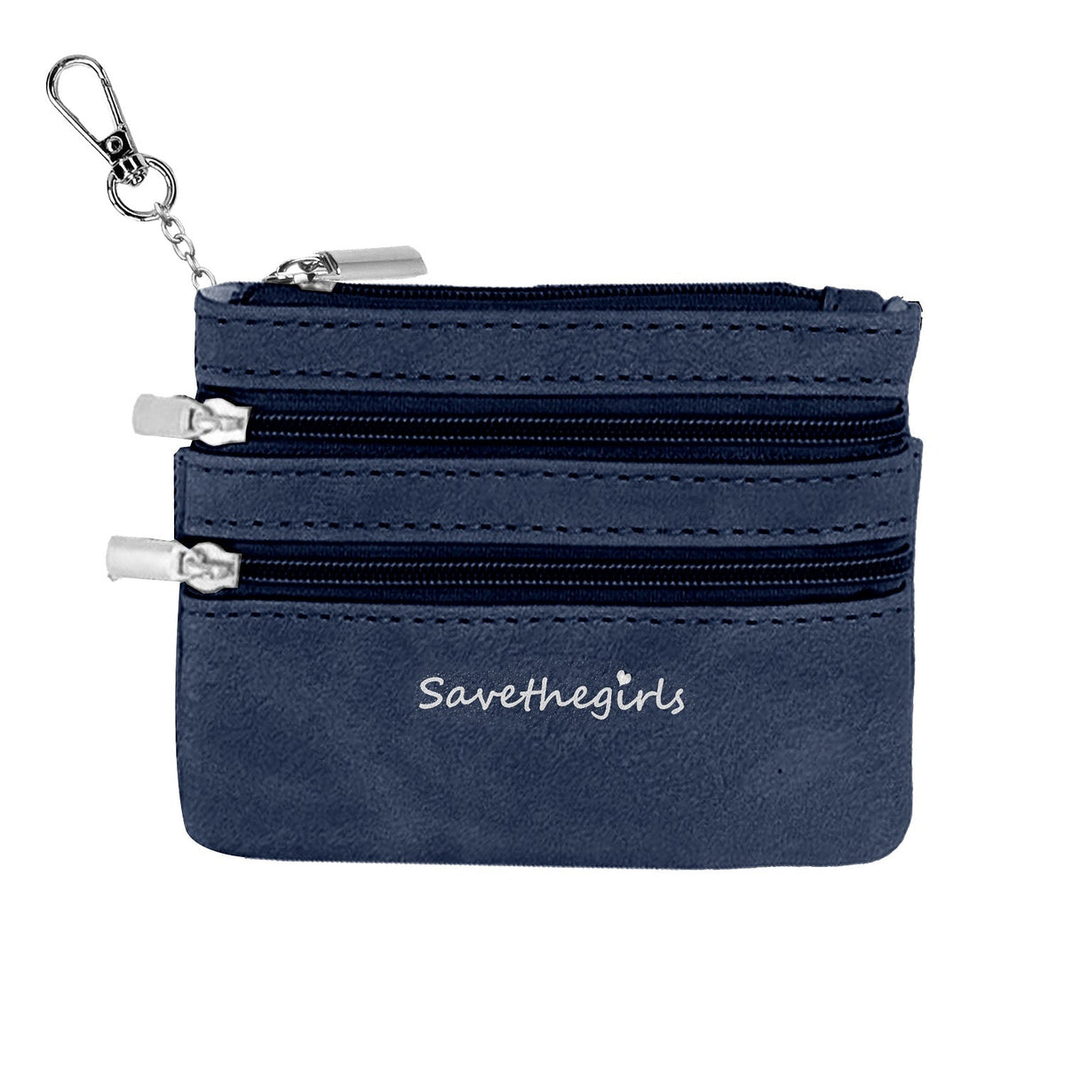 Navy zippered pouch with 3 zippers and gold keychain ring