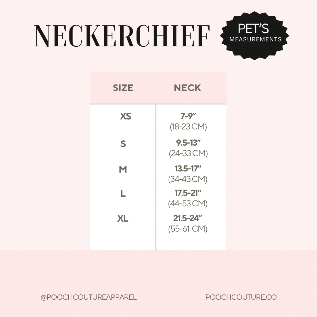 Neckerchief size chart with neck measurements for XS to XL