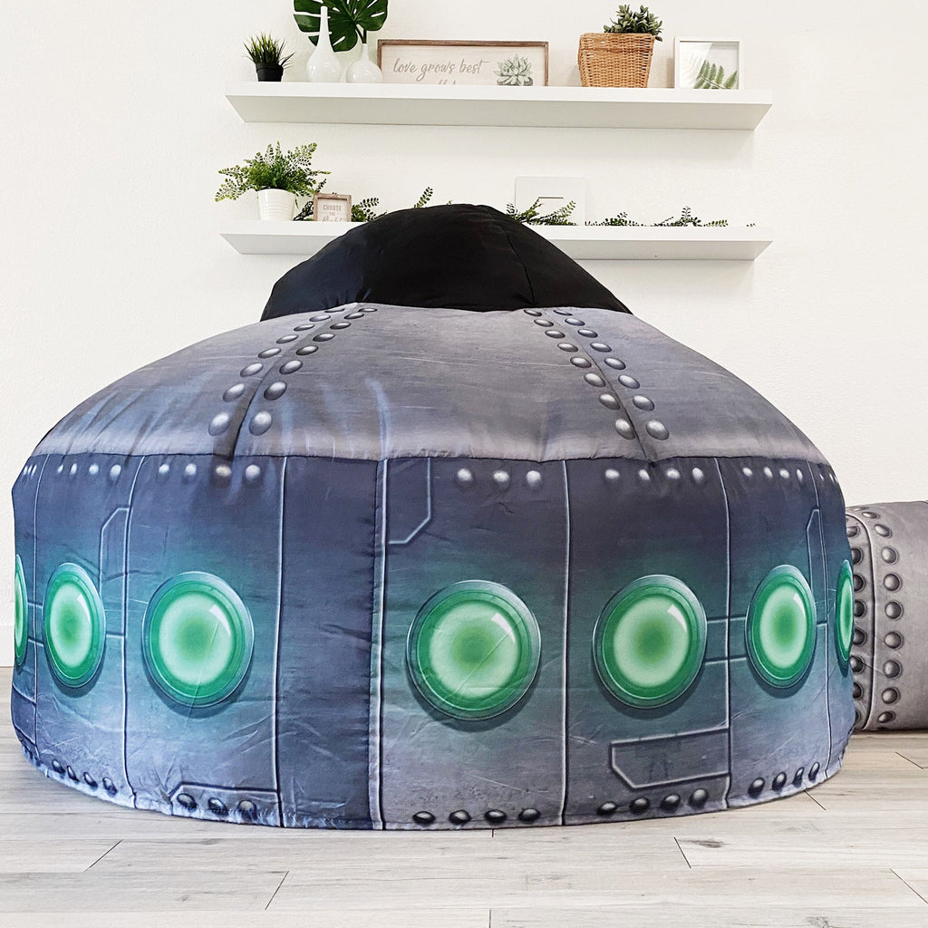 Inflatable UFO play tent back view with green circular lights on gray-blue dome