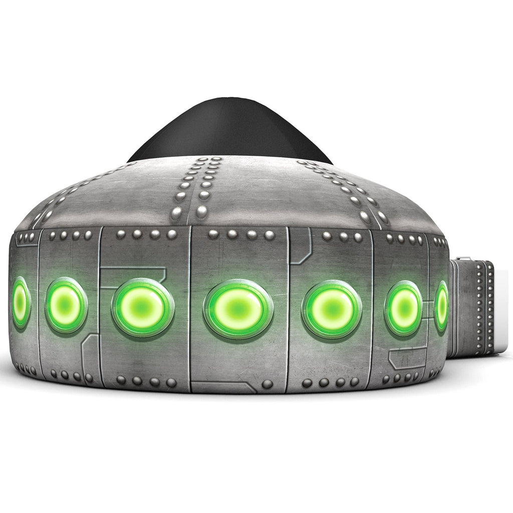 Inflatable UFO play tent front view with green circular lights and arched black dome