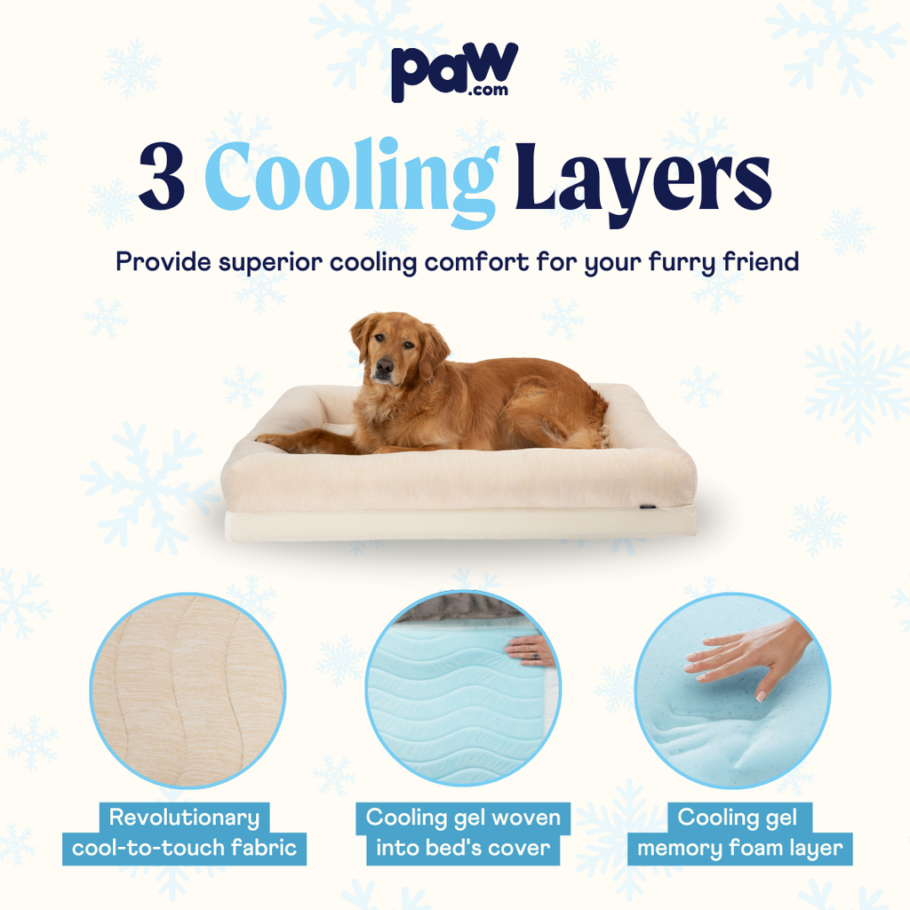 Cooling 4-bolster dog bed with arctic sand cover, flat top and thick side bolsters