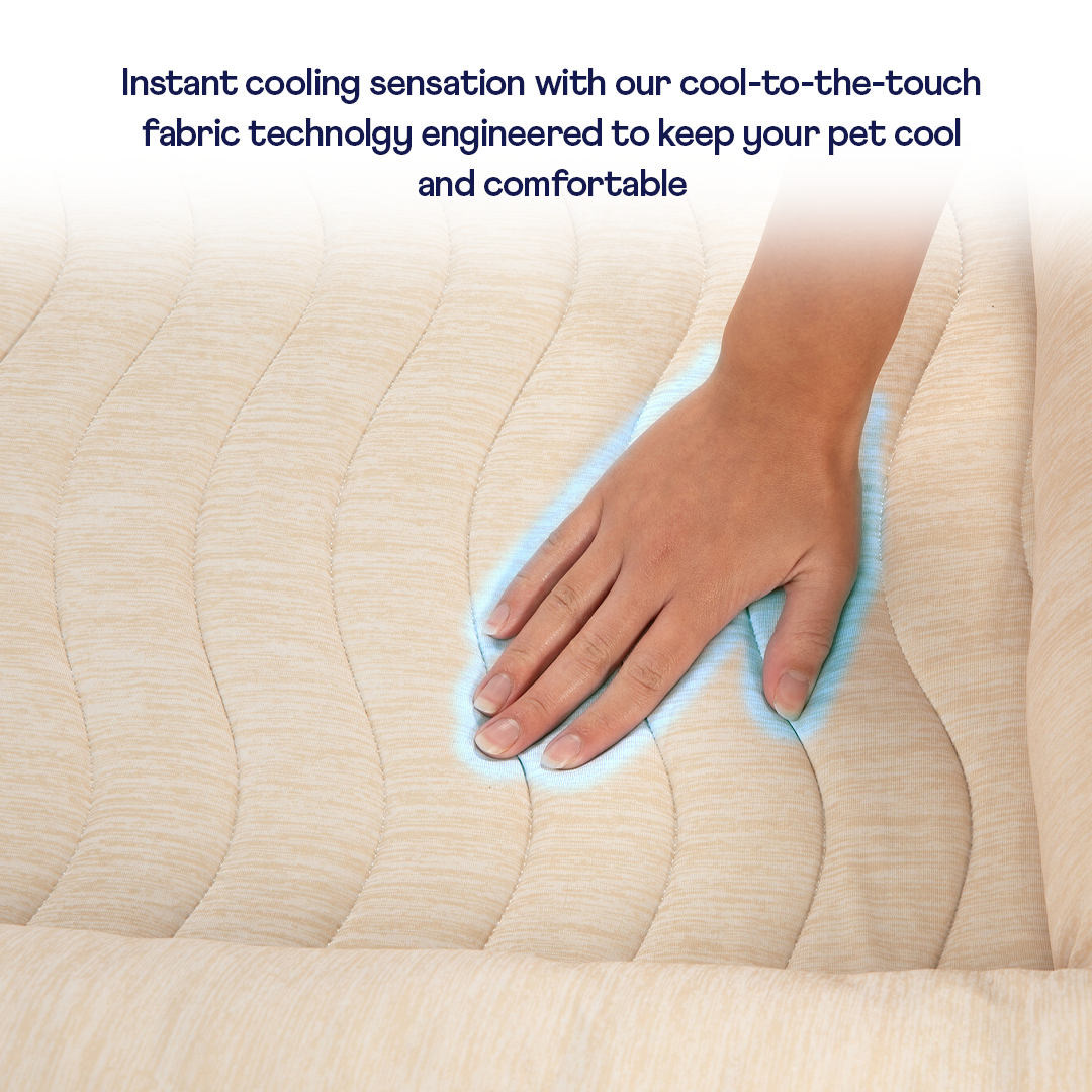 Cooling 4-bolster dog bed with light arctic sand fabric; hand pressing cooling surface