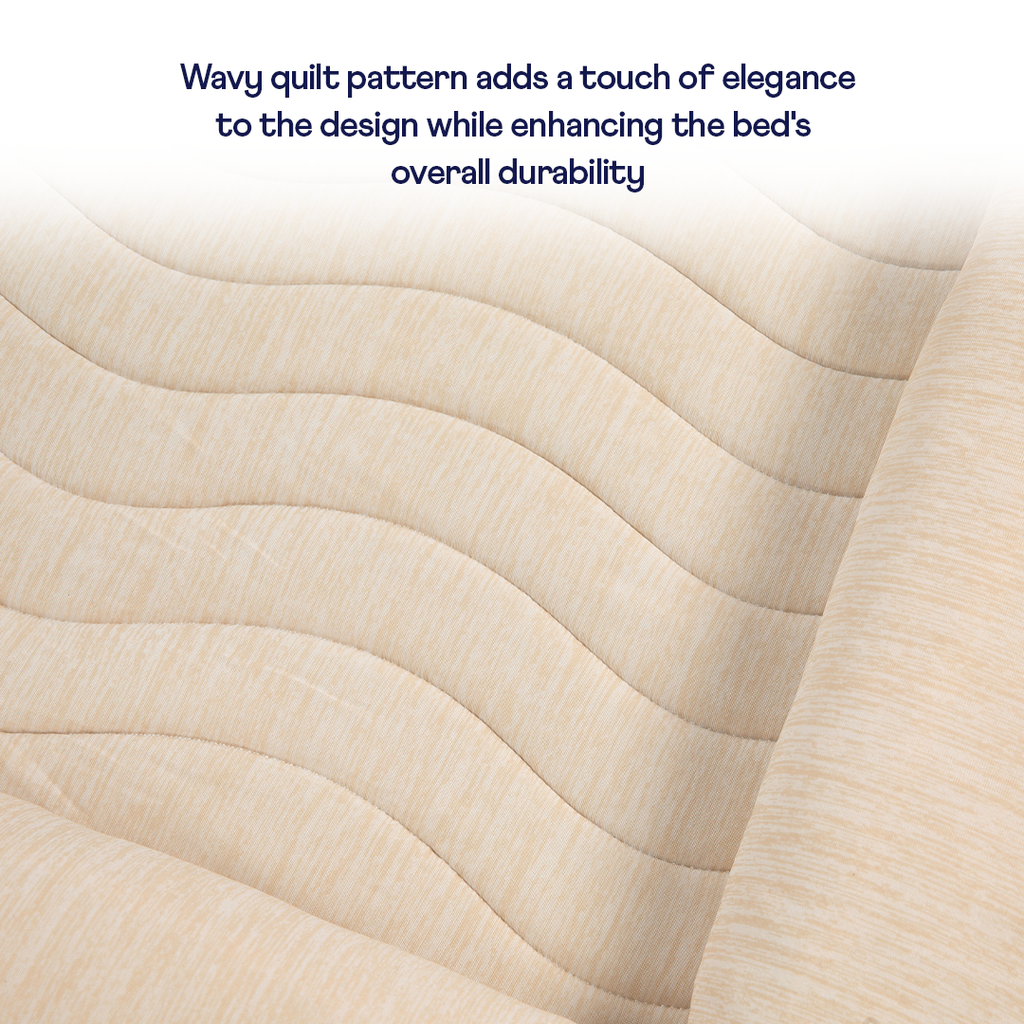 Wavy quilt pattern on a cooling 4-bolster dog bed top in light arctic sand fabric