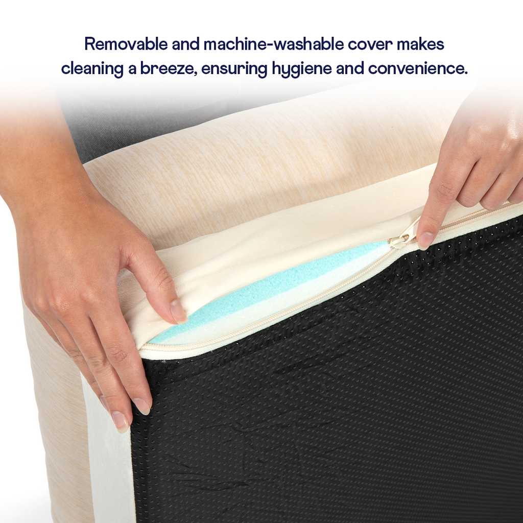 4-bolster dog bed with removable cover and zipper; dark underside shows a blue inner layer