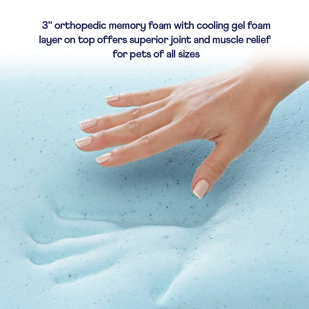 Cooling gel foam layer on a dog bed topper, shown with hand pressing