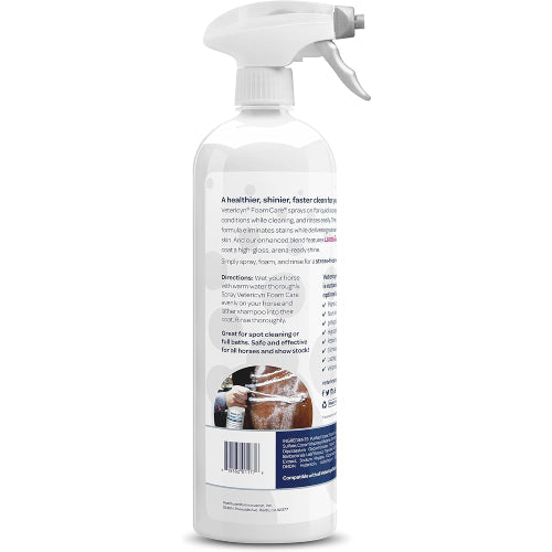 Vetericyn FoamCare equine shampoo bottle back label with spray nozzle