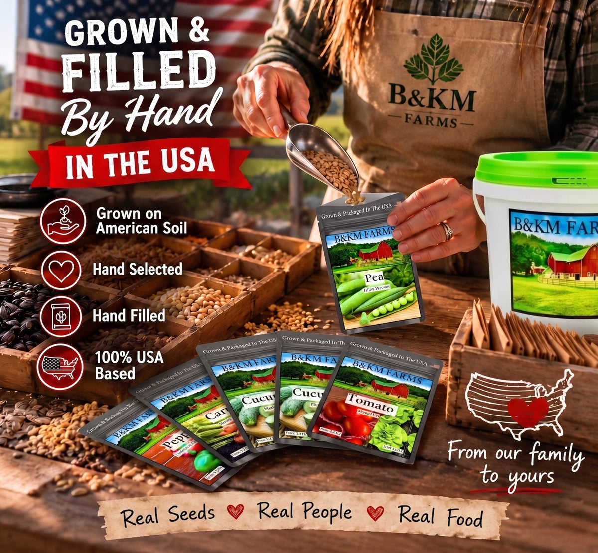 Grown and hand-filled seed packets with B&KM FARMS bucket and multiple vegetable packs
