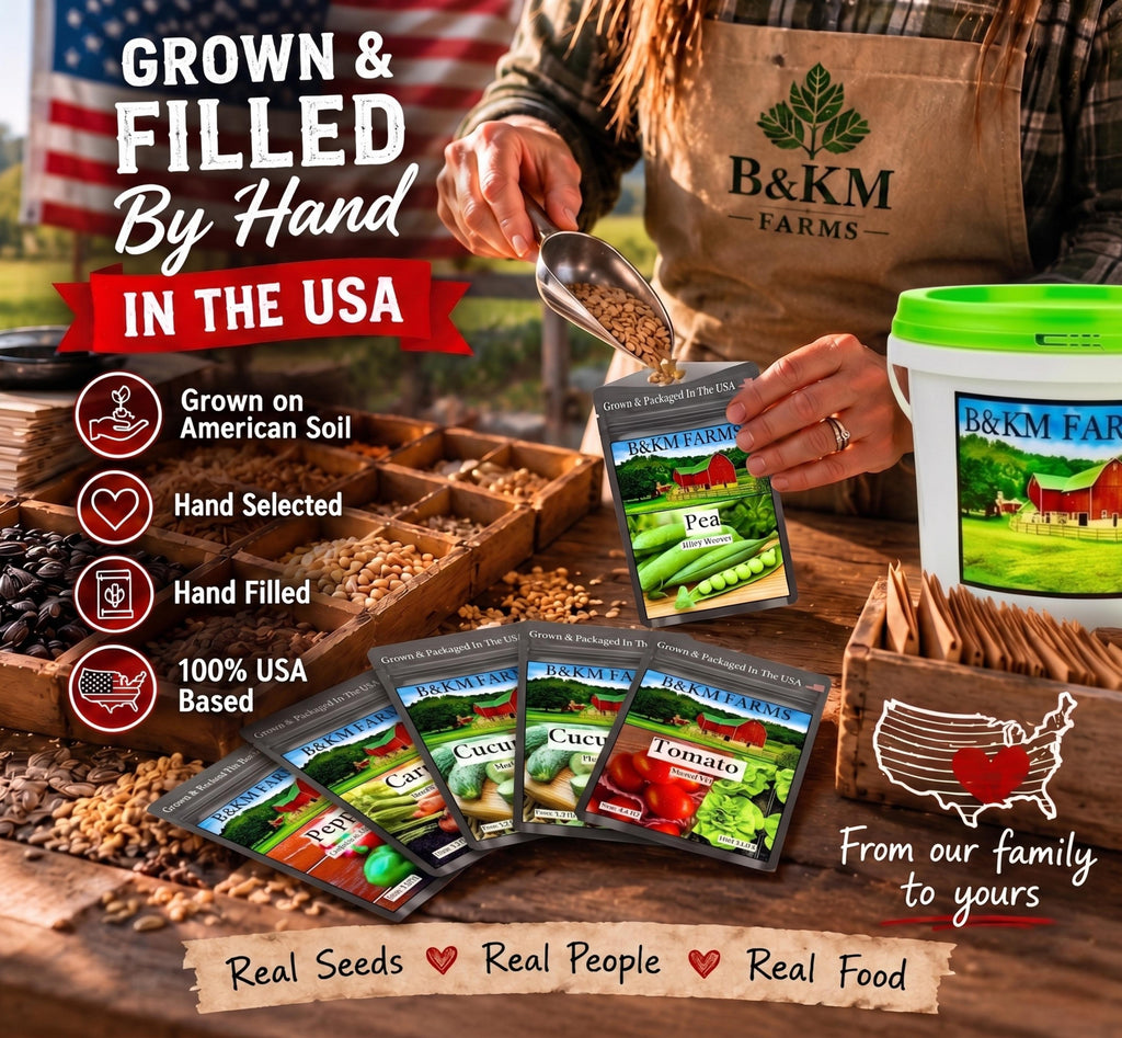 Harvest-ready seed packets with seed kit bucket on wooden tray for home growing