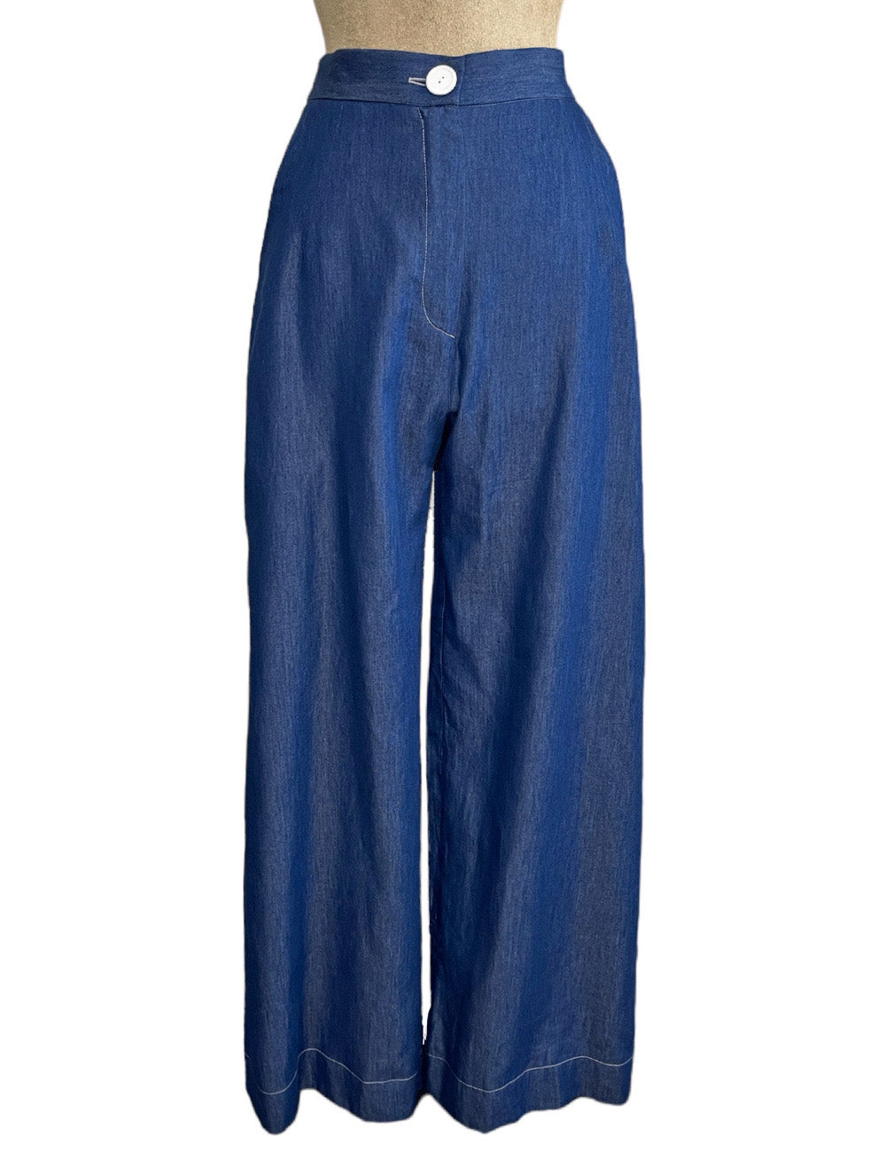 High-waist dark blue chambray denim trousers with buttoned waistband