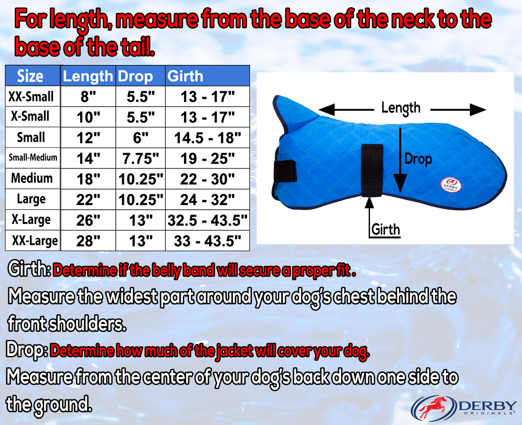Size chart diagram for dog cooling jacket with length, drop, and girth measurements