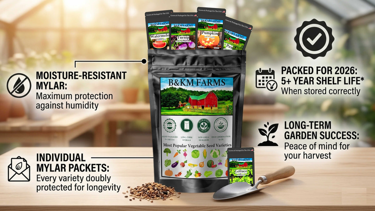 Seed packet vault pouch with moisture-resistant mylar and garden success icons